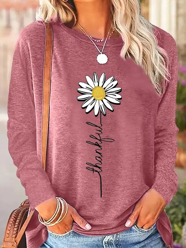 Comfort And Casual Printed Long Sleeve Round Neck T shirt Pink Daisy - Shop at LoveMi