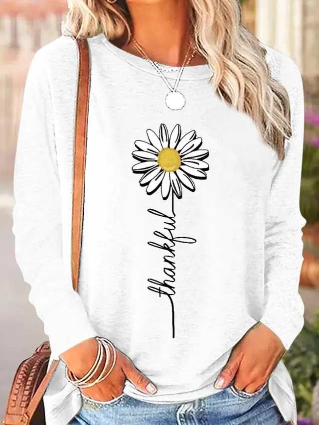 Comfort And Casual Printed Long Sleeve Round Neck T shirt White Daisy - Shop at LoveMi