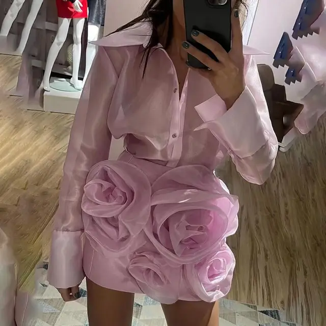 Lapel See through Light Shirt Flower Skirt Suit Women Pink - Shop at LoveMi