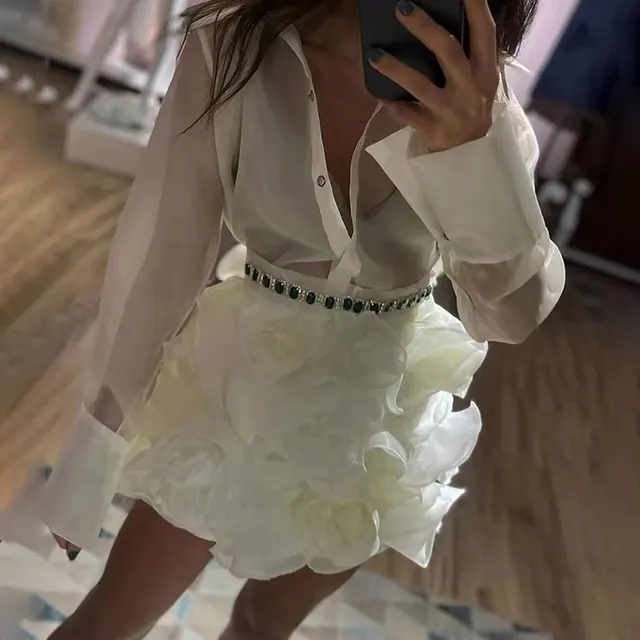 Lapel See through Light Shirt Flower Skirt Suit Women White - Shop at LoveMi
