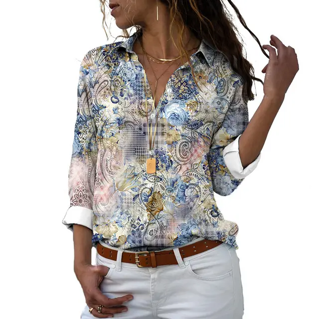 Flower 3D Digital Printing Long Sleeve Lapel Shirt P03730 - Shop at LoveMi
