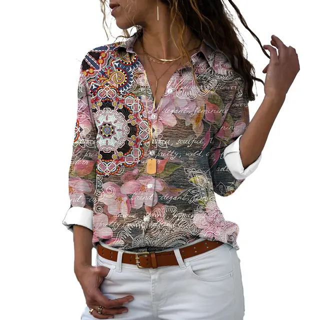 Flower 3D Digital Printing Long Sleeve Lapel Shirt P03731 - Shop at LoveMi