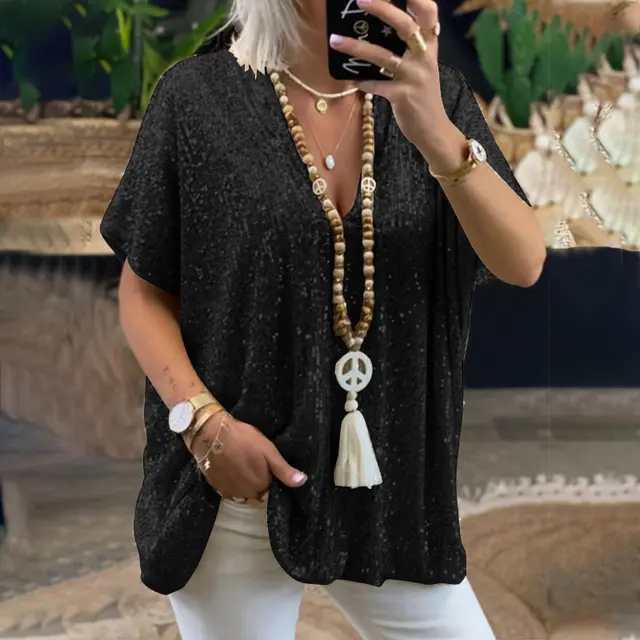 Loose Pullover Sequined V neck T shirt Top Women's Clothing Black - Shop at LoveMi