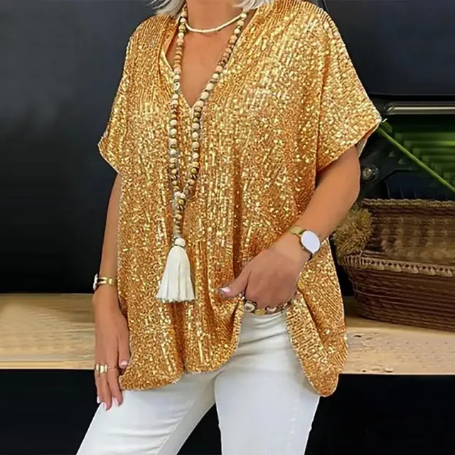 Loose Pullover Sequined V neck T shirt Top Women's Clothing Deep Gold - Shop at LoveMi