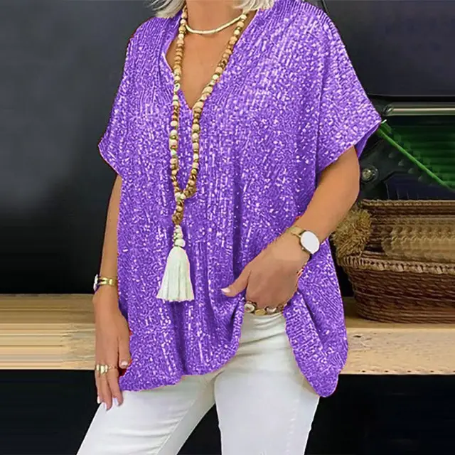 Loose Pullover Sequined V neck T shirt Top Women's Clothing Purple - Shop at LoveMi