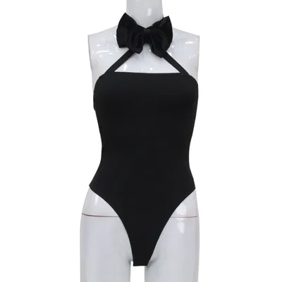 Velvet Bow Solid Color Sexy Halter Backless Bodysuit Black - Shop at LoveMi