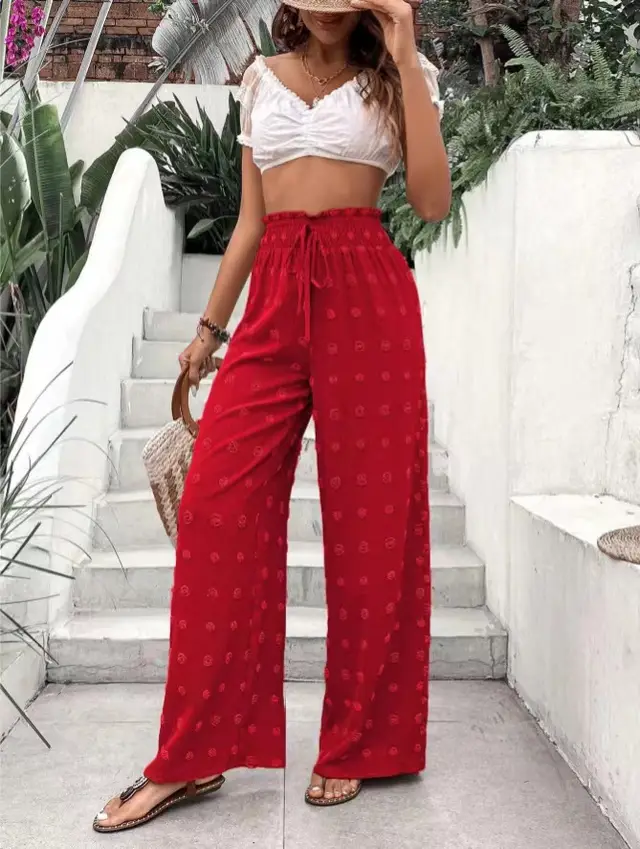 New Casual Micro elastic Loose Wide leg Pants For Women Red - Shop at LoveMi