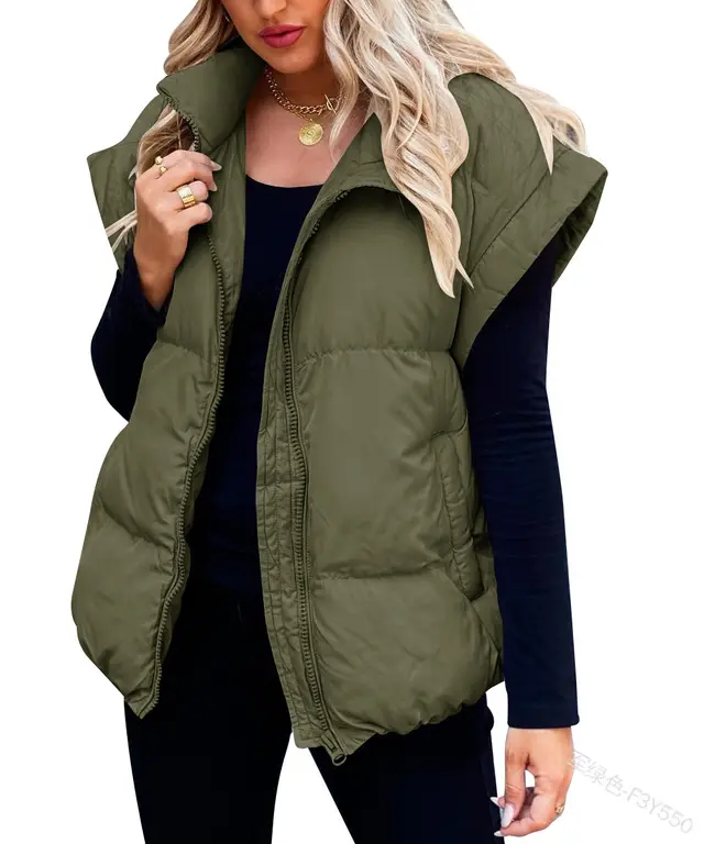 Solid Color Zipper Pocket Cotton padded Vest Fashion Stand Collar Temperament Commute Coat Army Green - Shop at LoveMi