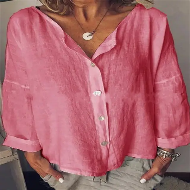 Women's Casual Round Neck Shirt With Solid Color Buckle Pink - Shop at LoveMi
