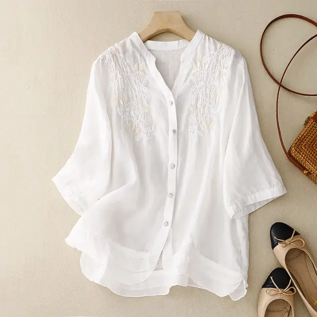 Artistic Retro Embroidery V neck Shirt Baita Leisure Pure Color Comfort Hong Top White - Shop at LoveMi