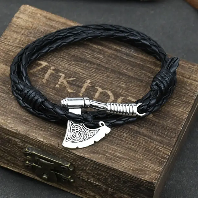 Men's Jewelery Ax Wrap Anchor Viking Leather Bracelet Black Chain Silver - Shop at LoveMi
