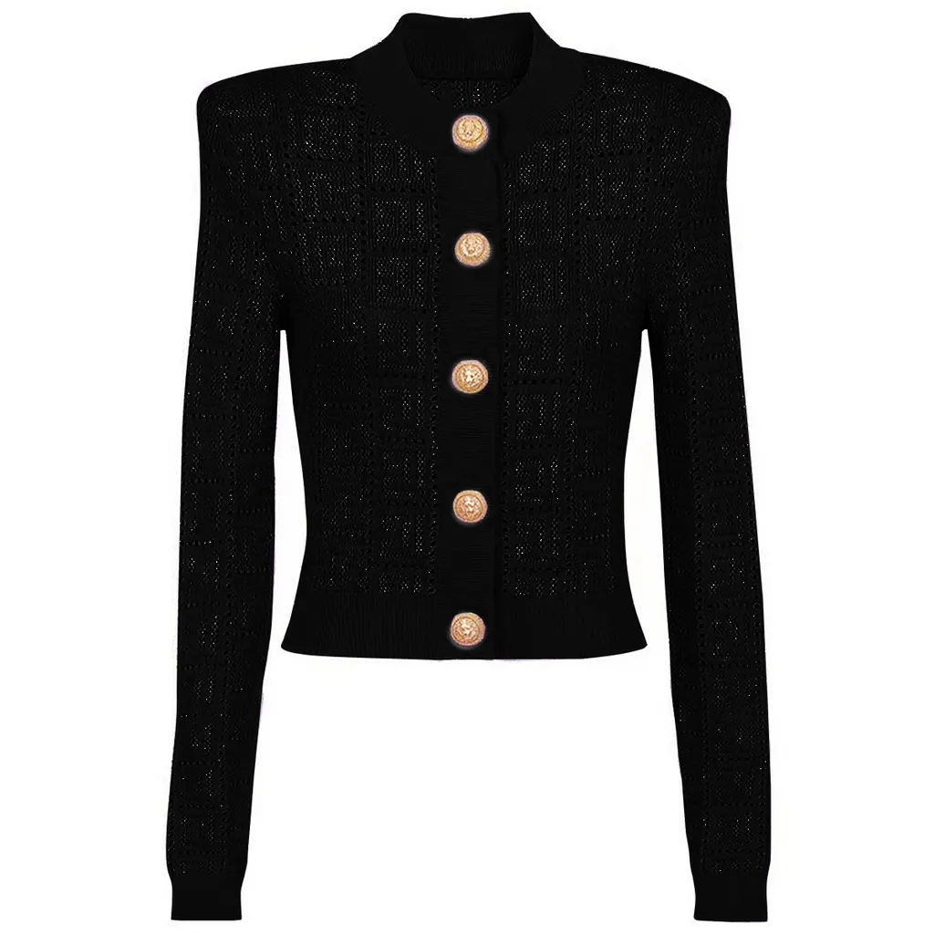 Long Sleeve Short Round Neck Hollow Out Knitwear Dress Vest Shorts - Black Coat