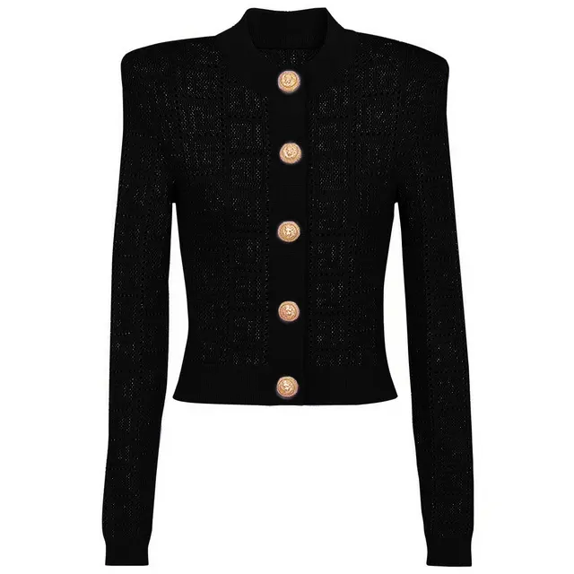 Long Sleeve Short Round Neck Hollow Out Knitwear Dress Vest Shorts Black Coat - Shop at LoveMi