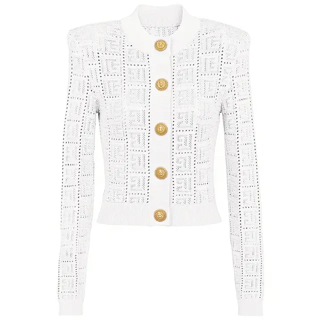 Long Sleeve Short Round Neck Hollow Out Knitwear Dress Vest Shorts White Coat - Shop at LoveMi