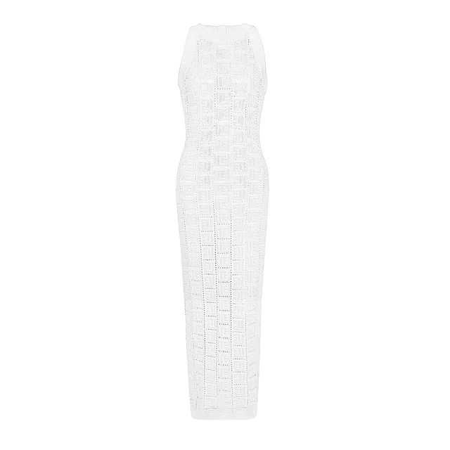 Long Sleeve Short Round Neck Hollow Out Knitwear Dress Vest Shorts White Dress - Shop at LoveMi