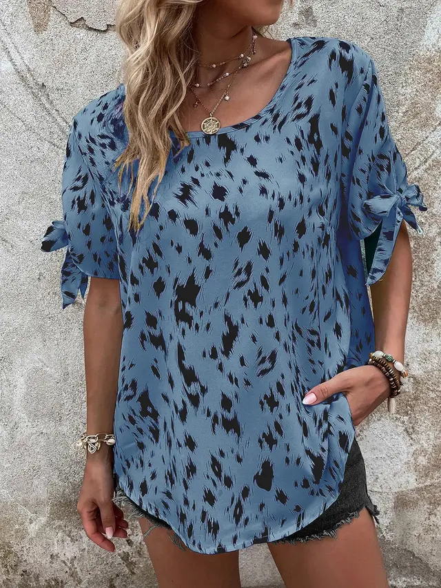 Round Neck Lace Up Leopard Print Women's Blouse Temperament Leisure Top Gray Blue - Shop at LoveMi