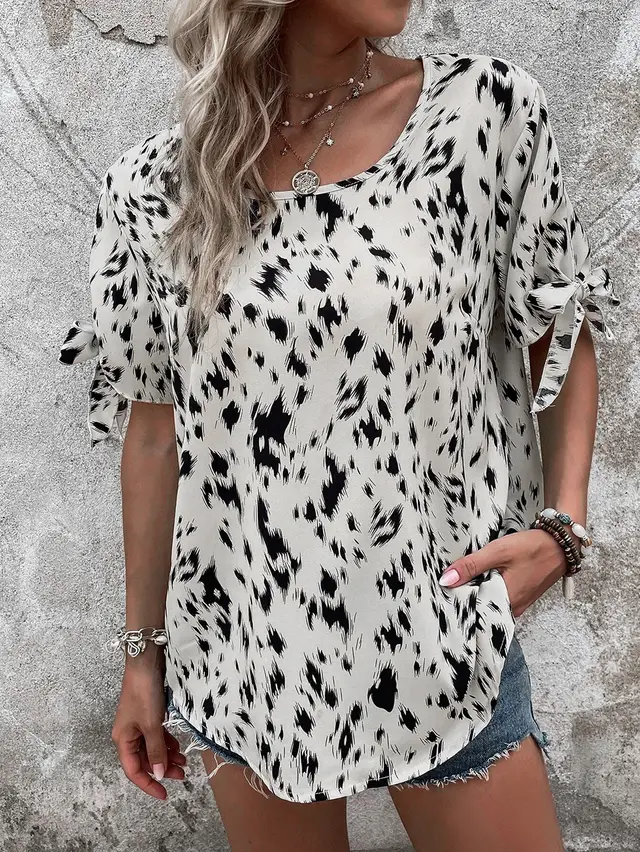 Round Neck Lace Up Leopard Print Women's Blouse Temperament Leisure Top Light Apricot - Shop at LoveMi