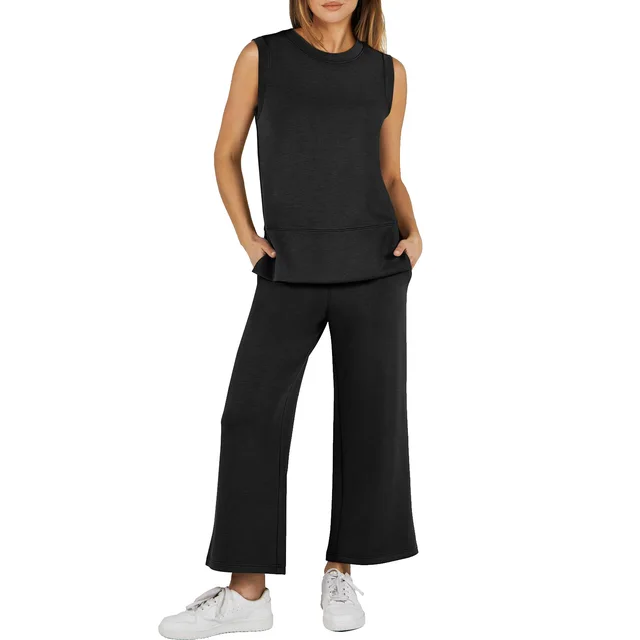 Ladies Slit Hemline At Hem Design Sleeveless Round Neck Loose Straight Women's Blouse And Pants Black - Shop at LoveMi