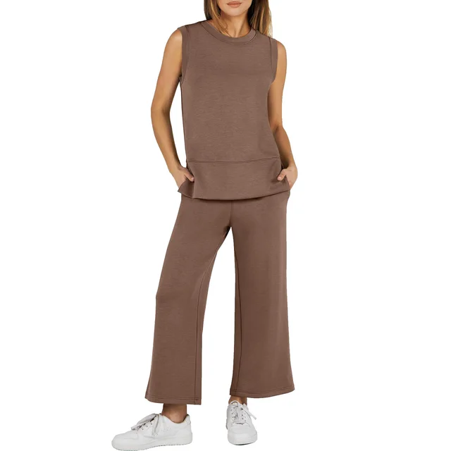 Ladies Slit Hemline At Hem Design Sleeveless Round Neck Loose Straight Women's Blouse And Pants Dark Brown - Shop at LoveMi