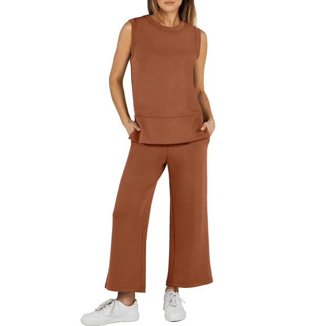 Ladies Slit Hemline At Hem Design Sleeveless Round Neck Loose Straight Women's Blouse And Pants Light Brown - Shop at LoveMi