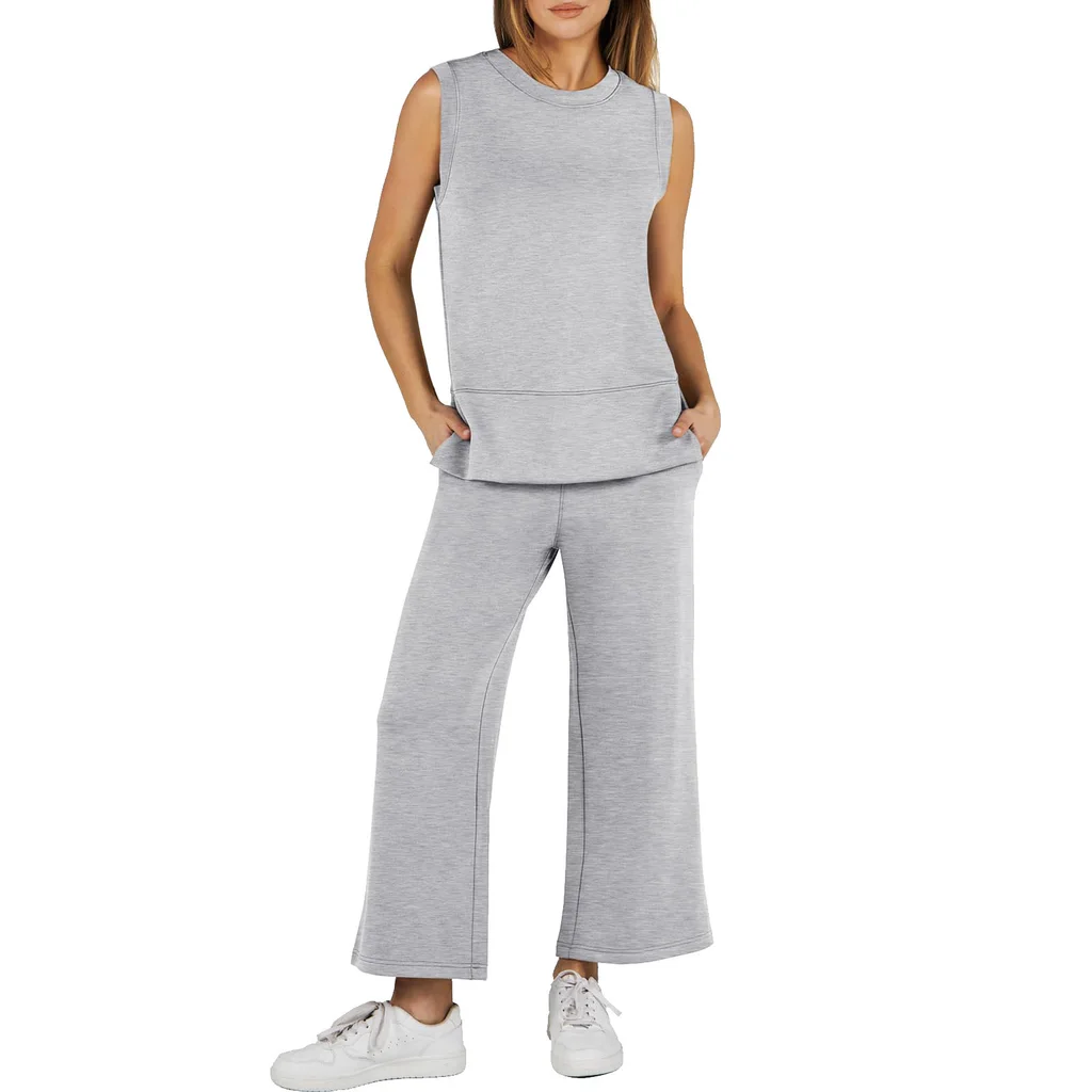 Ladies Slit Hemline At Hem Design Sleeveless Round Neck Loose Straight Women's Blouse And Pants - Light Gray