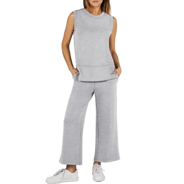 Ladies Slit Hemline At Hem Design Sleeveless Round Neck Loose Straight Women's Blouse And Pants Light Gray - Shop at LoveMi