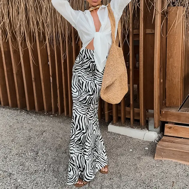 French Satin Zebra Pattern Skirt Women's Elegant Slimming High Waist A Line Color - Shop at LoveMi