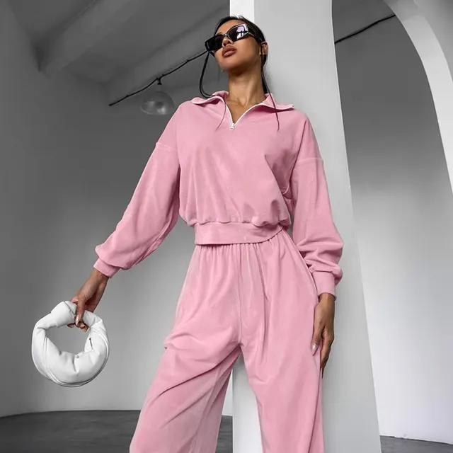 Sports Sweater Suit Autumn And Winter Street Style Coat Trousers Two piece Women's Clothing Pink - Shop at LoveMi