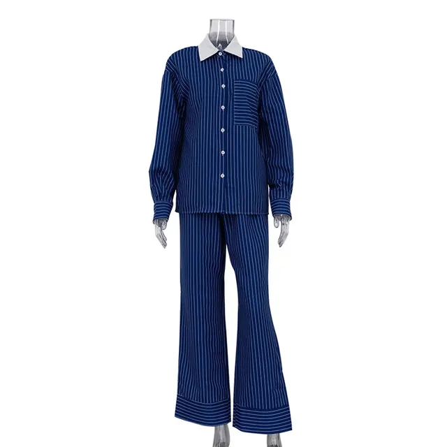 Polo Collar Stripes Shirt Casual Pants Suit Blue - Shop at LoveMi