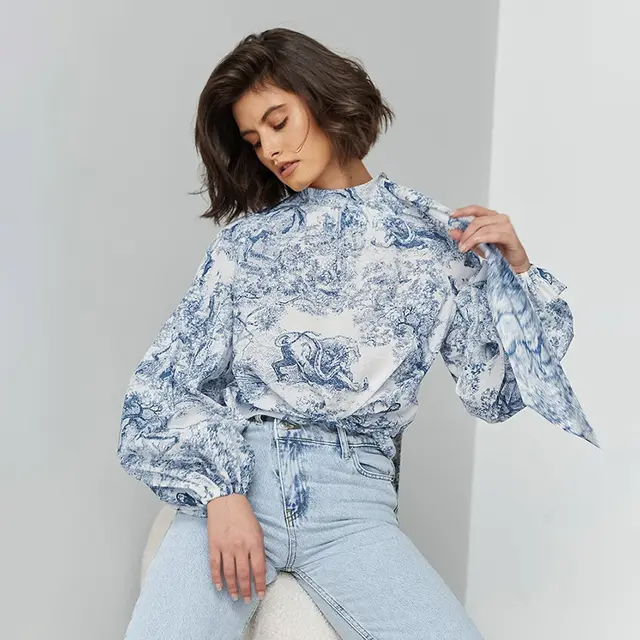 Ink Painting Shirt Design Print Lantern Sleeve Stand Collar Top Color - Shop at LoveMi