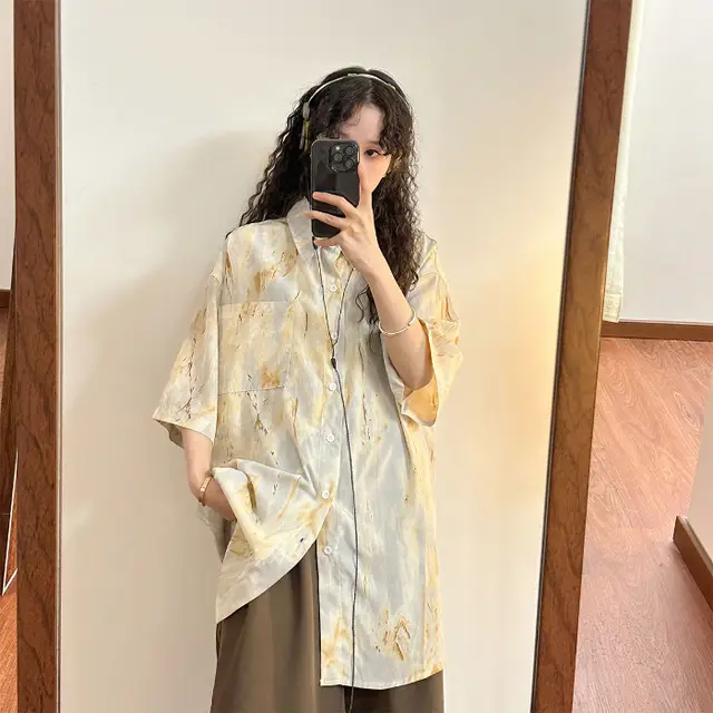 Design Sense Niche Tie dyed Shirt Short Sleeve Shirt Apricot Single Piece - Shop at LoveMi