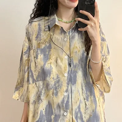 Design Sense Niche Tie dyed Shirt Short Sleeve Shirt Blue Single Piece - Shop at LoveMi