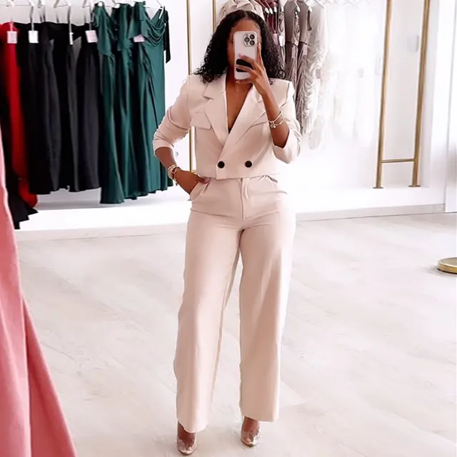 Solid Color Polo Collar Suit Top Wide leg Pants Casual Suit Apricot - Shop at LoveMi