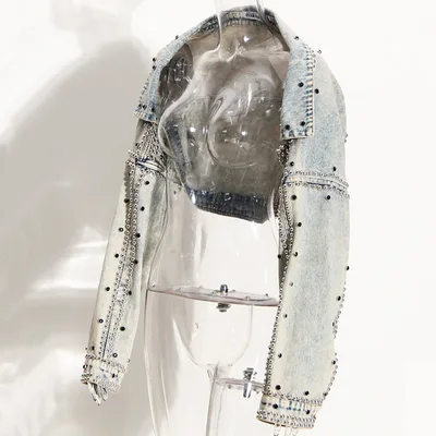 Niche Rivets With Diamonds High Waist Shawl Denim Short Coat Light Blue - Shop at LoveMi