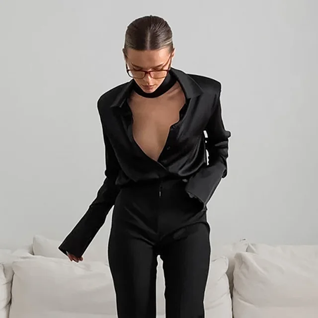 Champagne French Satin Shirt Autumn And Winter Temperament Professional Inner Wear Black - Shop at LoveMi