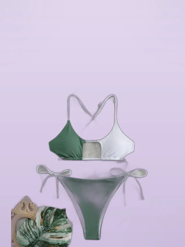 Plain Rib Fabric High Waist Color Swimsuit White Dark Green - Shop at LoveMi