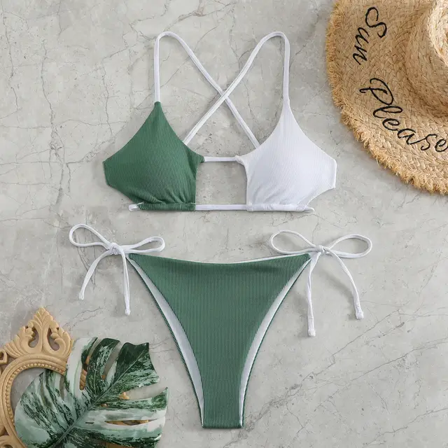 Plain Rib Fabric High Waist Color Swimsuit White Dark Green - Shop at LoveMi