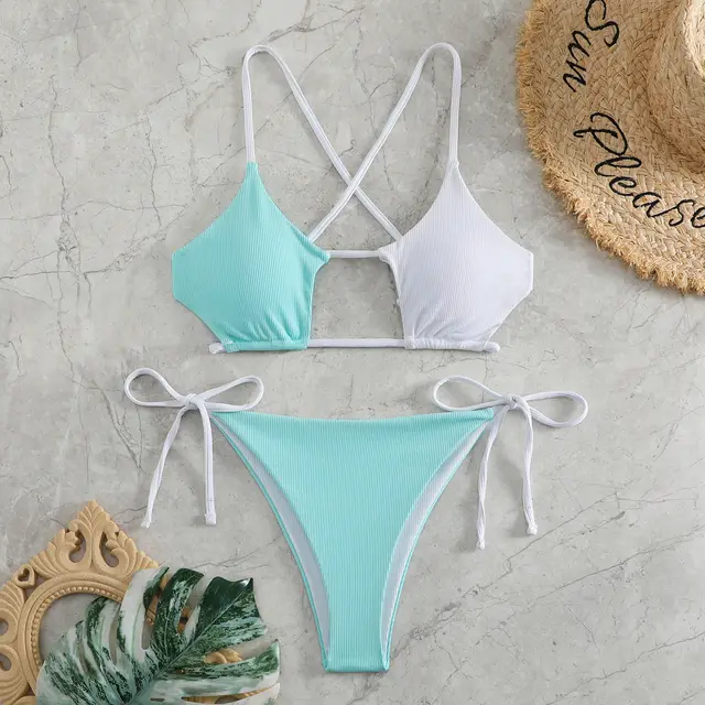 Plain Rib Fabric High Waist Color Swimsuit White Light Green - Shop at LoveMi