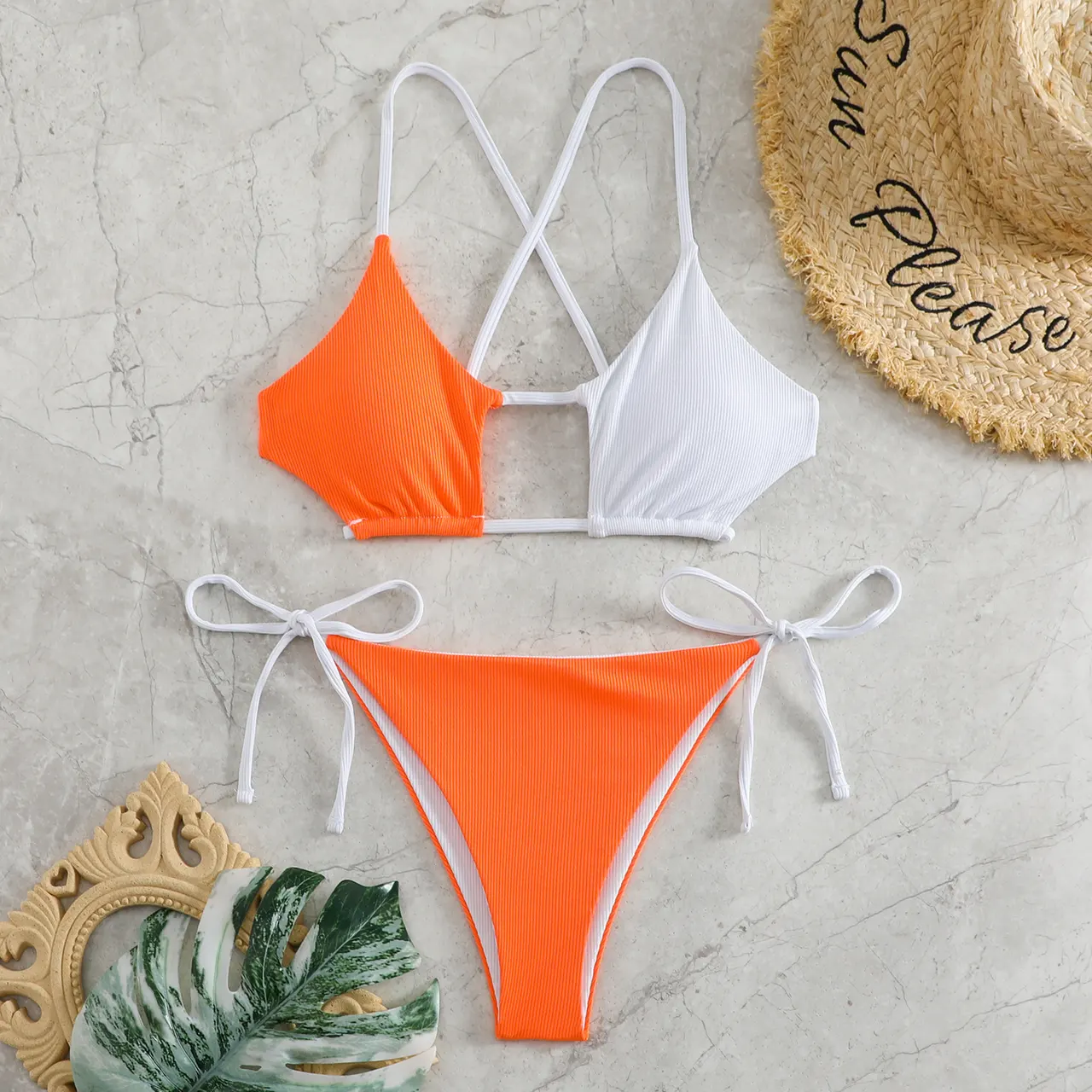 Plain Rib Fabric High Waist Color Swimsuit - White Orange - View 1