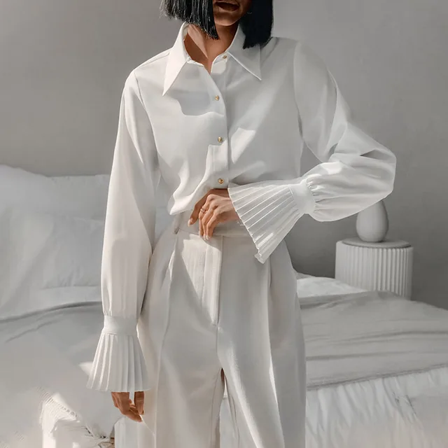 Elegant French Style Shirt Design Ruffled White Commuter Business Women's Clothing White - Shop at LoveMi