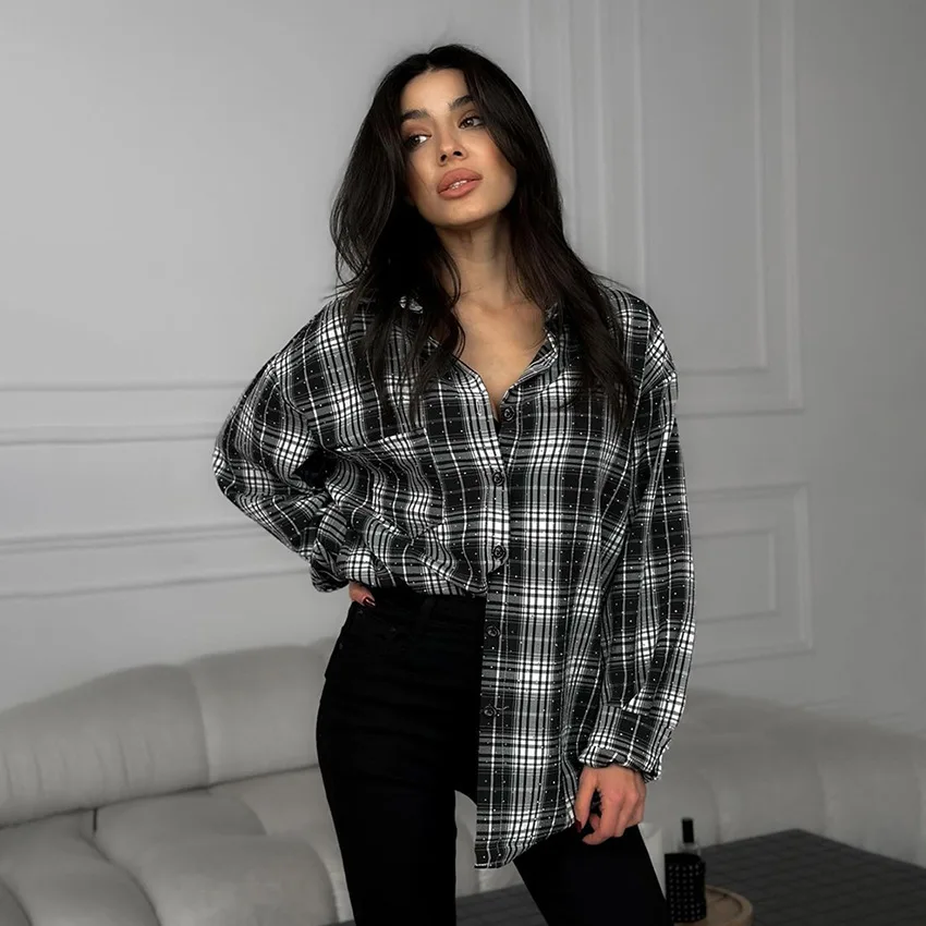 Fashion Stick on Crystals Loose Plaid Shirt Retro Black And White Plaid Shirt Black - Shop at LoveMi