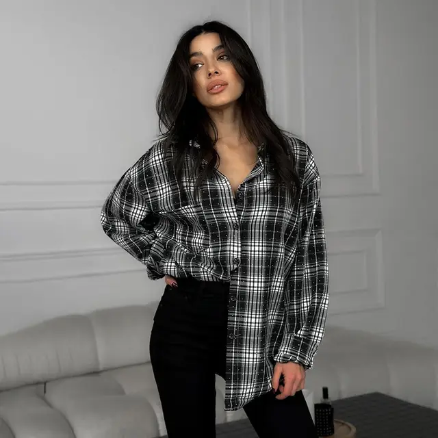 Fashion Stick on Crystals Loose Plaid Shirt Retro Black And White Plaid Shirt Plaid - Shop at LoveMi