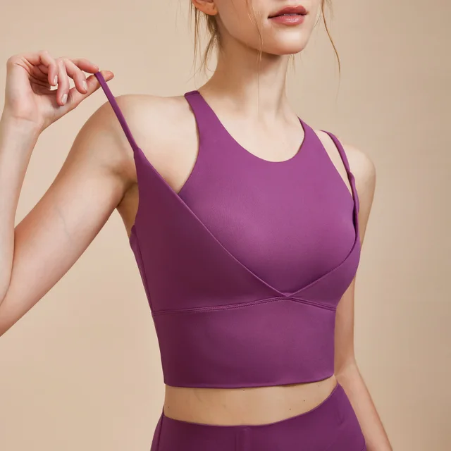 Sports Underwear Women's Fake Two Pieces Double shoulder Strap Shockproof Push up Grape Purple - Shop at LoveMi