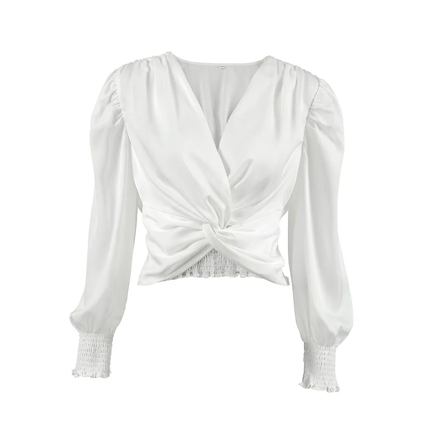 White Satin Top Short Design Twist V neck Pullover Shirt White - Shop at LoveMi
