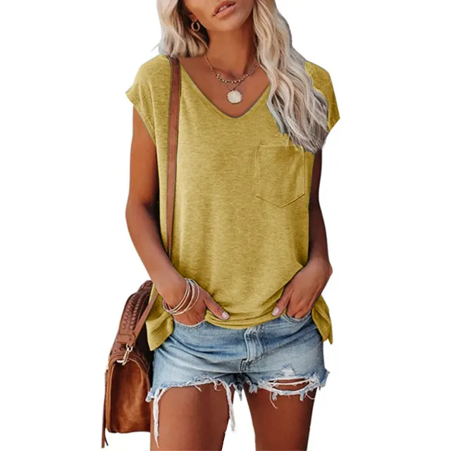 Women's Solid Color Vest Pocket V neck Short sleeved T shirt With Shoulder Yellow - Shop at LoveMi