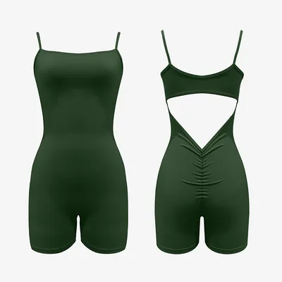 Thin Shoulder Vest Shorts Jumpsuit Back Hollow V Waist Pleated Yoga Jumpsuit Green - Shop at LoveMi