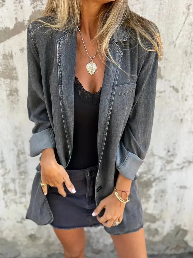 Lapel Shirt Jacket Ins Fashion Solid Color Long sleeved Denim Top Autumn And Spring Casual Daily Streetwear Women's Clothing Gray - Shop at LoveMi