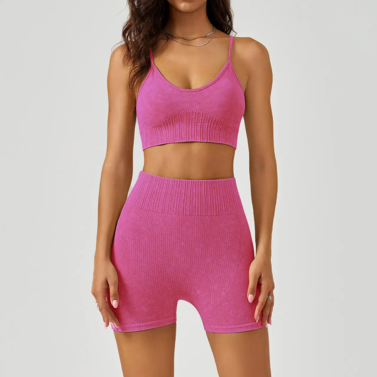 European And American Frosted Exercise Yoga Clothes Suit Women's High Waist - Rose Red
