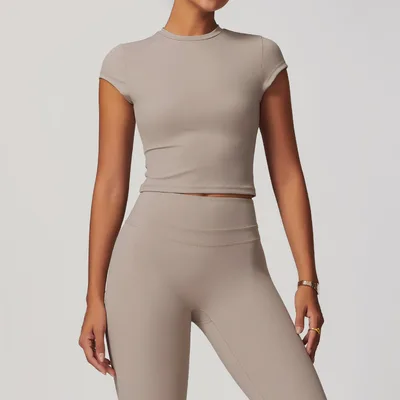 European And American Exercise Yoga Clothes Women's Brushed Tight Back Yoga Short Sleeve Linen Xl - Shop at LoveMi