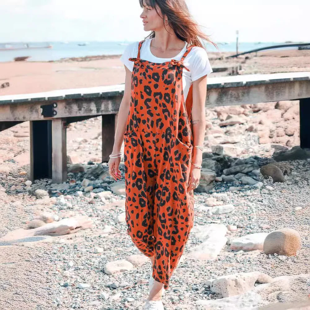 Leopard Print Loose Plus Size All-match Jumpsuit - Orange